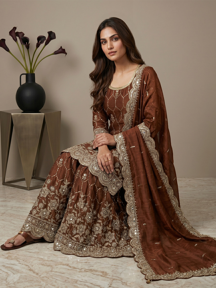 Brown Pure Heavy Gmy Silk Embroidery Sequins Real Mirror Hand Work Wedding Party Festival Casual Ready Sharara Pant Salwar Kameez