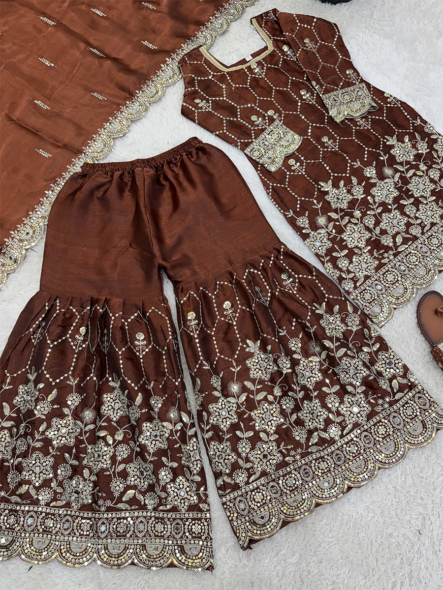 Brown Pure Heavy Gmy Silk Embroidery Sequins Real Mirror Hand Work Wedding Party Festival Casual Ready Sharara Pant Salwar Kameez
