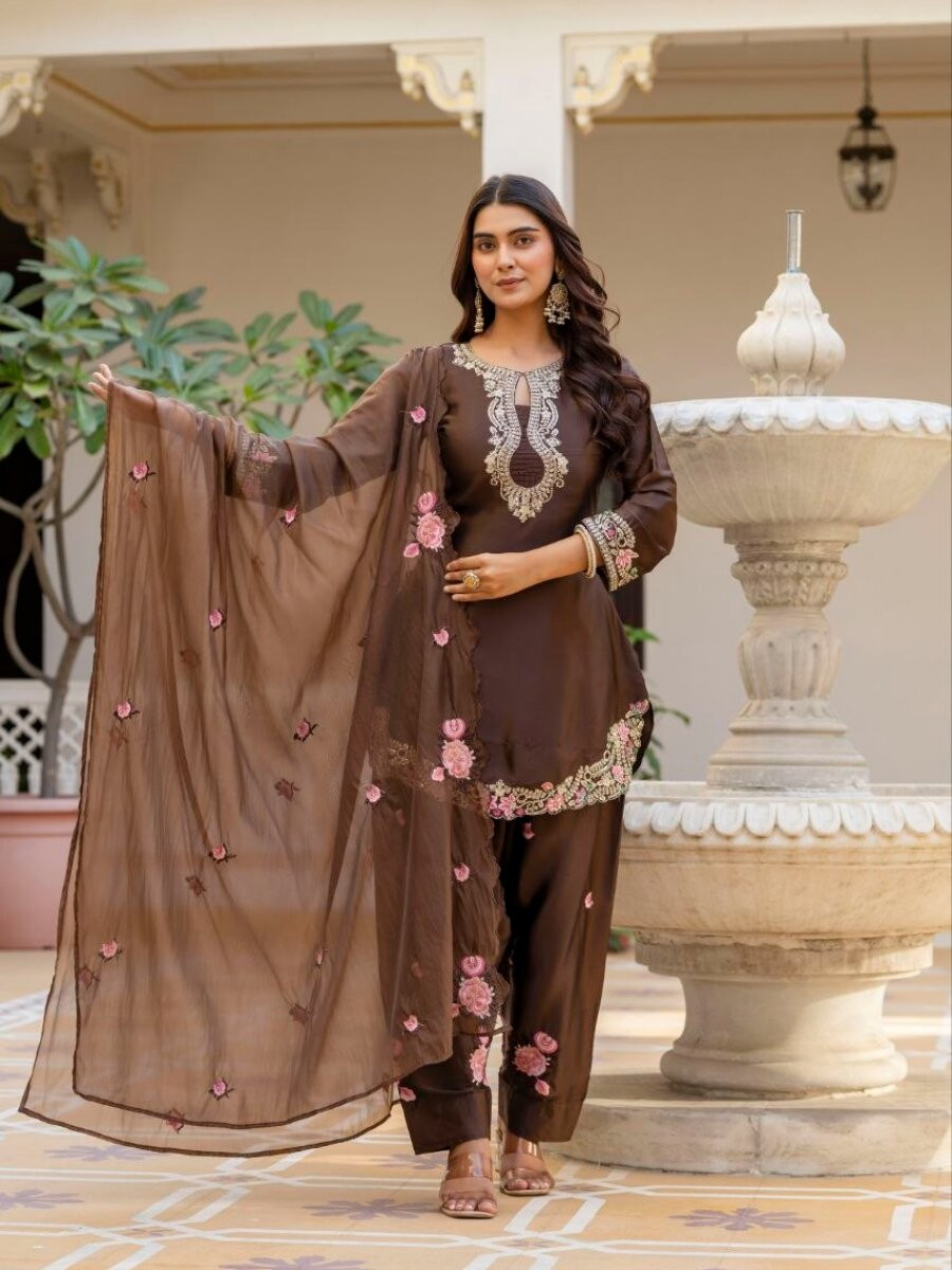 Brown Pure Japan Satin Embroidery Sequins Zari Wedding Party Festival Ready Palazzo Pant Salwar Kameez