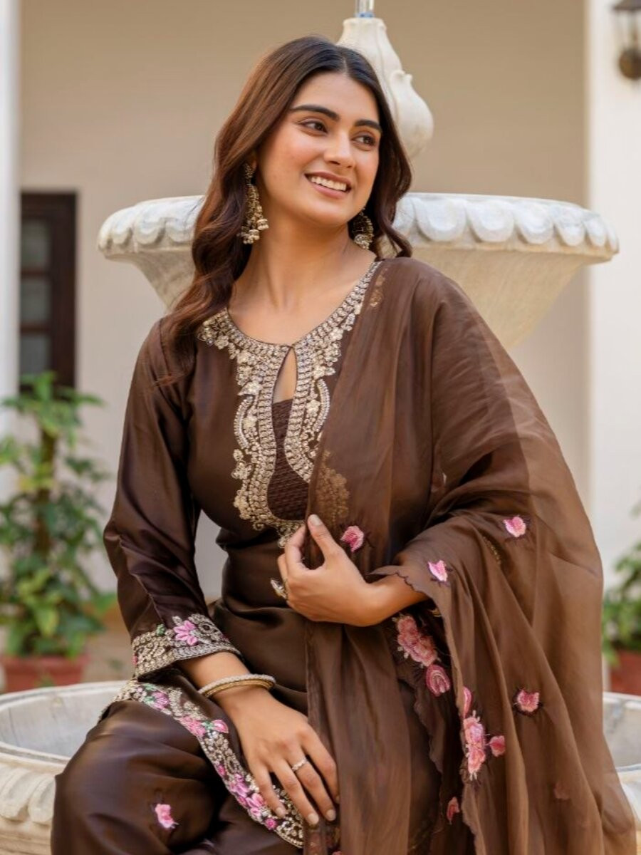 Brown Pure Japan Satin Embroidery Sequins Zari Wedding Party Festival Ready Palazzo Pant Salwar Kameez