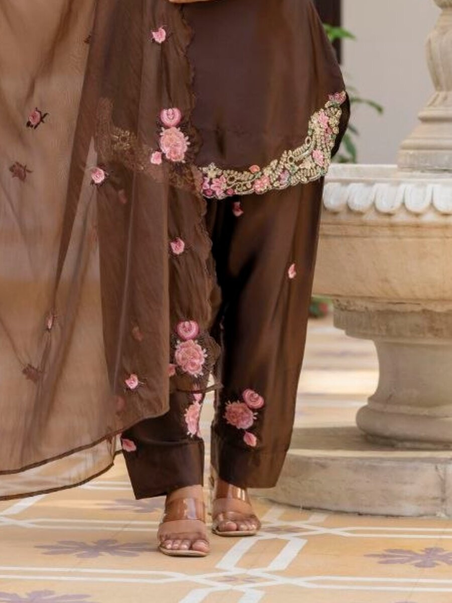 Brown Pure Japan Satin Embroidery Sequins Zari Wedding Party Festival Ready Palazzo Pant Salwar Kameez