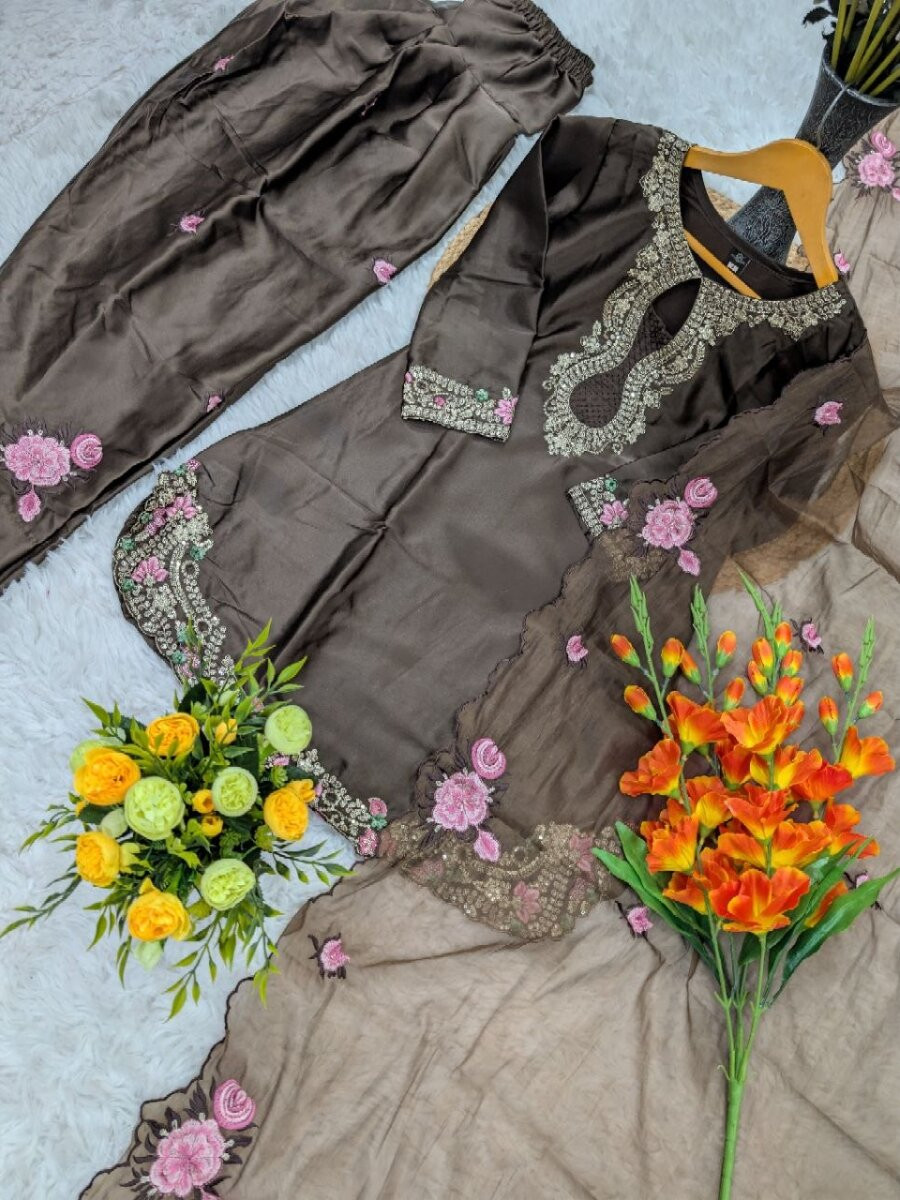 Brown Pure Japan Satin Embroidery Sequins Zari Wedding Party Festival Ready Palazzo Pant Salwar Kameez