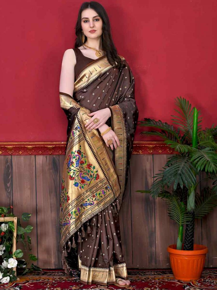 Brown Pure Lichi Silk Handwoven Wedding Festival Heavy Border Saree
