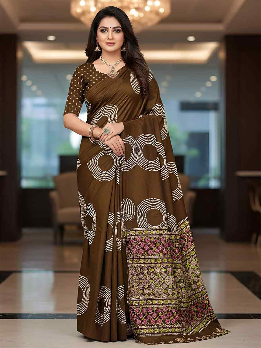 Brown Pure Mul Cotton Bhandej Printed Traditional Bridal Reception Festival Wedding Fancy Heavy Border Saree