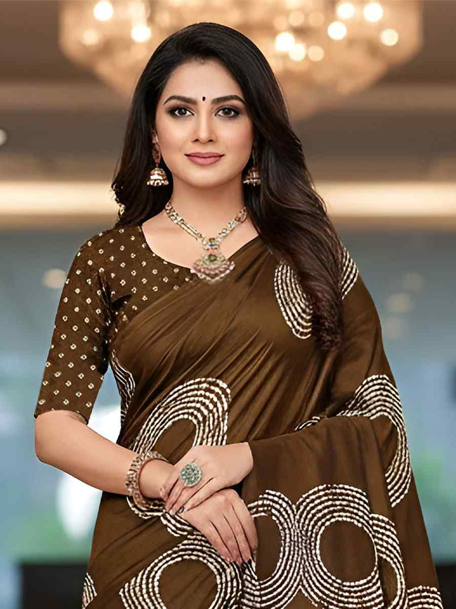 Brown Pure Mul Cotton Bhandej Printed Traditional Bridal Reception Festival Wedding Fancy Heavy Border Saree