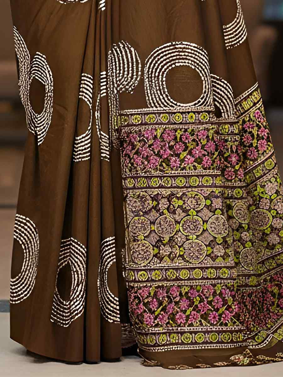 Brown Pure Mul Cotton Bhandej Printed Traditional Bridal Reception Festival Wedding Fancy Heavy Border Saree