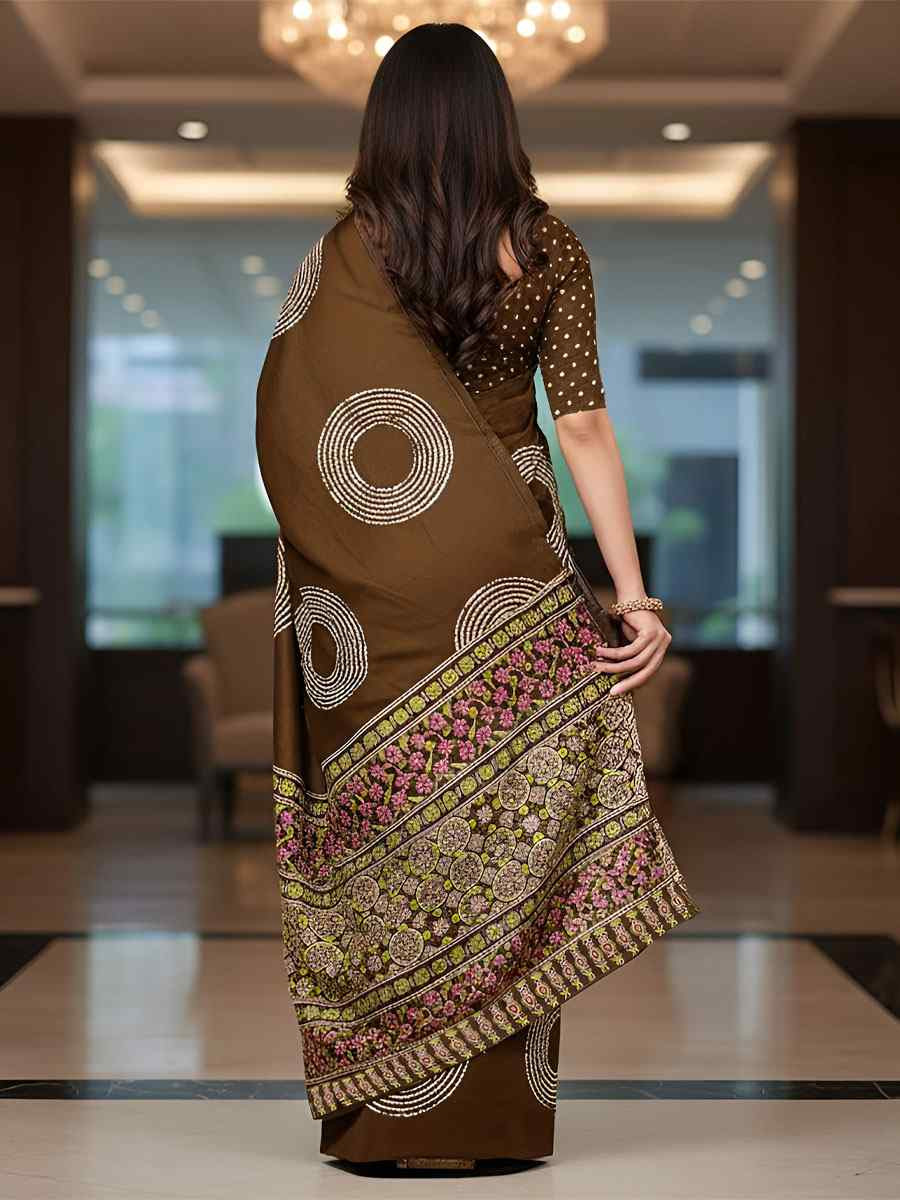 Brown Pure Mul Cotton Bhandej Printed Traditional Bridal Reception Festival Wedding Fancy Heavy Border Saree