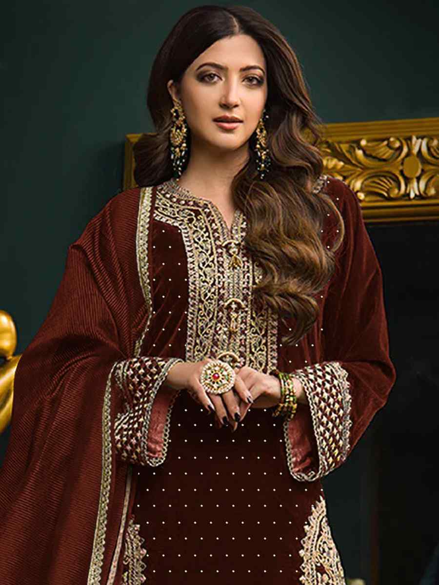 Brown Pure Pure Viscose Velvet Embroidered Mehendi Wedding Pant Salwar Kameez