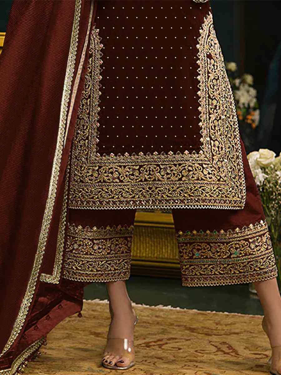 Brown Pure Pure Viscose Velvet Embroidered Mehendi Wedding Pant Salwar Kameez
