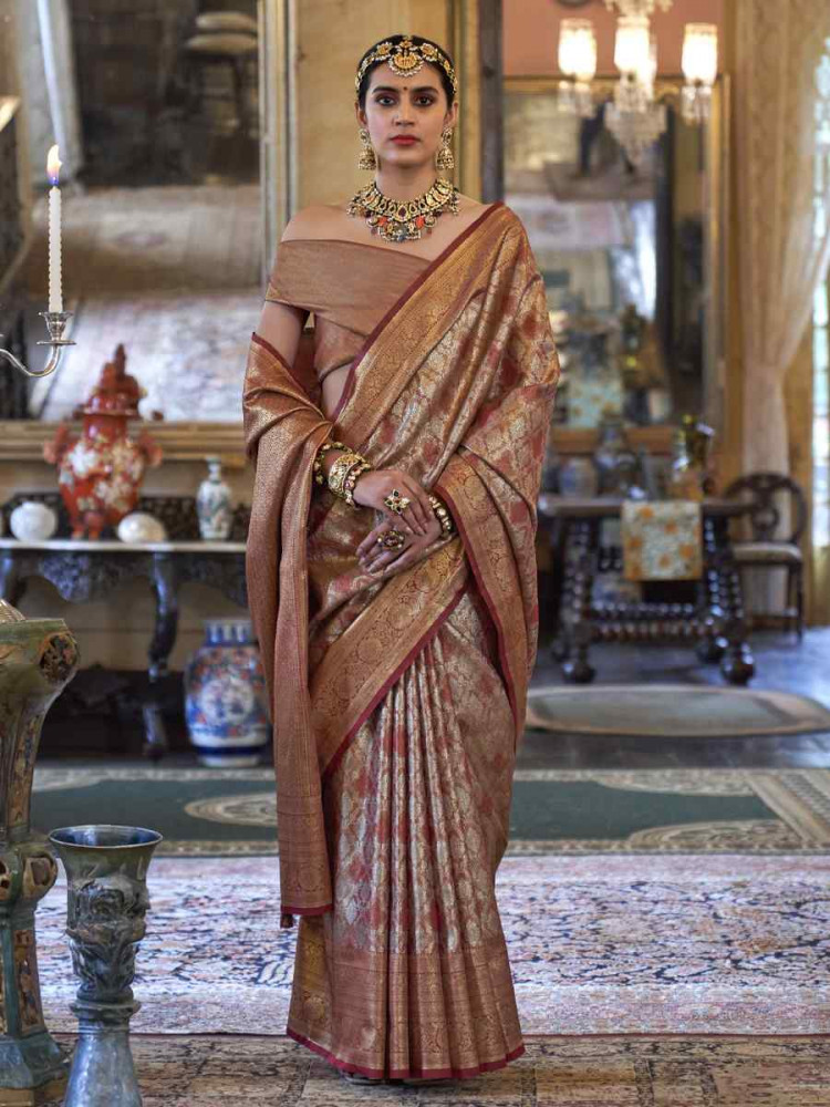 Image of Brown Pure Tissue Dharmavaram Silk Handwoven Party Bridal Reception Festival Wedding Fancy Heavy Border Saree