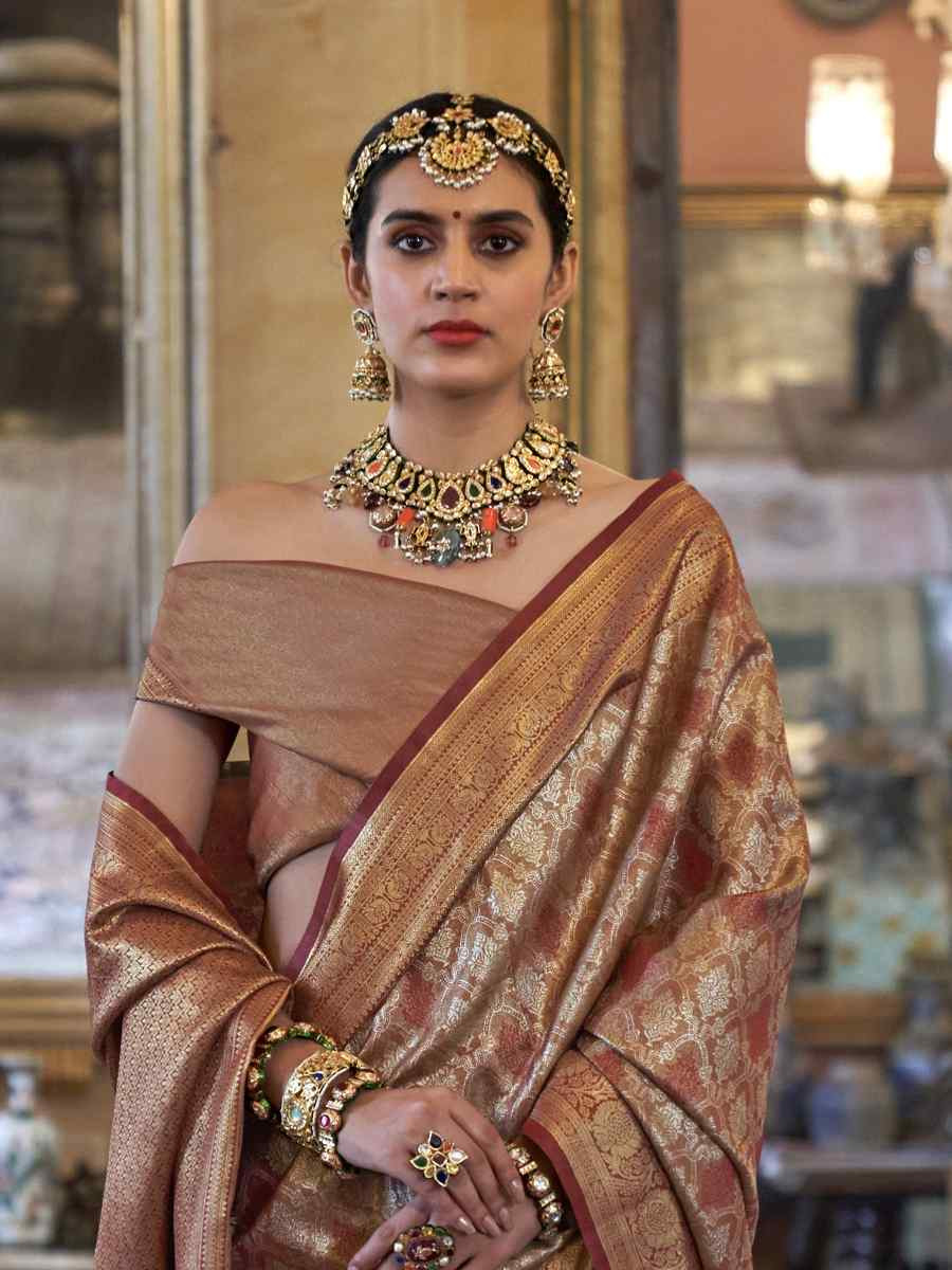 Brown Pure Tissue Dharmavaram Silk Handwoven Party Bridal Reception Festival Wedding Fancy Heavy Border Saree
