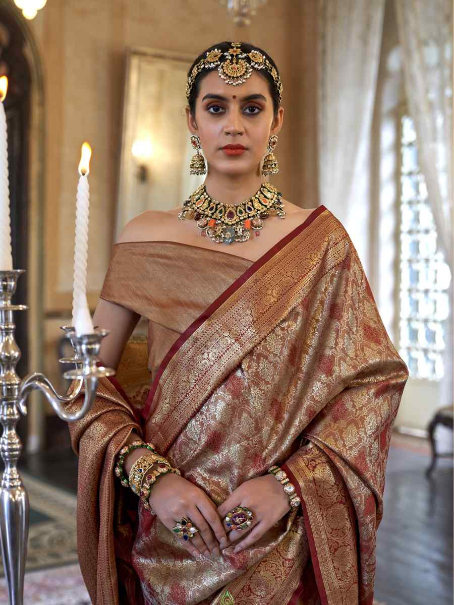 Brown Pure Tissue Dharmavaram Silk Handwoven Party Bridal Reception Festival Wedding Fancy Heavy Border Saree