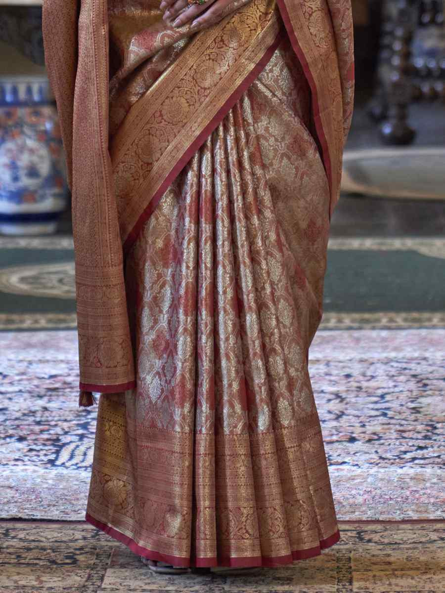 Brown Pure Tissue Dharmavaram Silk Handwoven Party Bridal Reception Festival Wedding Fancy Heavy Border Saree