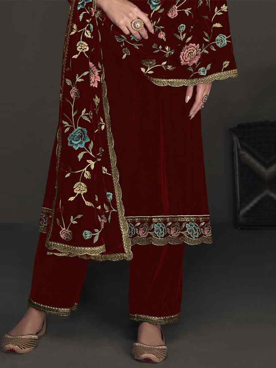 Brown Pure Viscose Velvet Embroidered Mehendi Wedding Pant Salwar Kameez