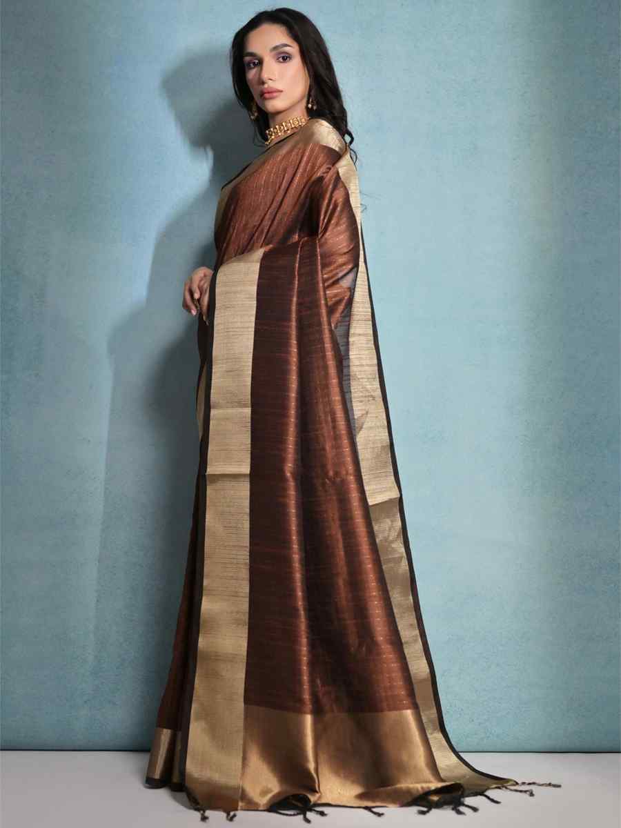 Brown Raw Silk Handwoven Festival Casual Heavy Border Saree