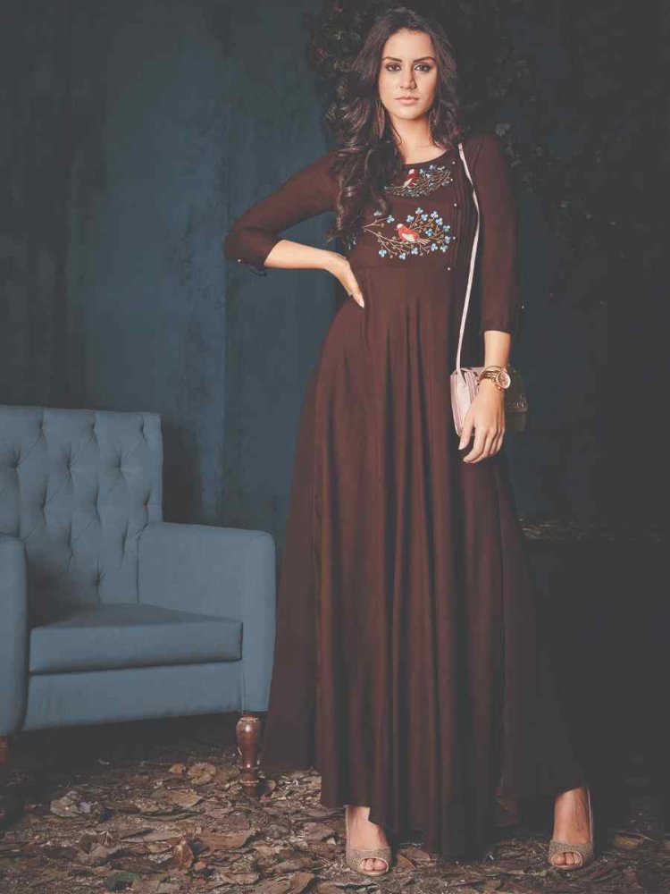 Brown Rayon Embroidered Festival Casual Gown