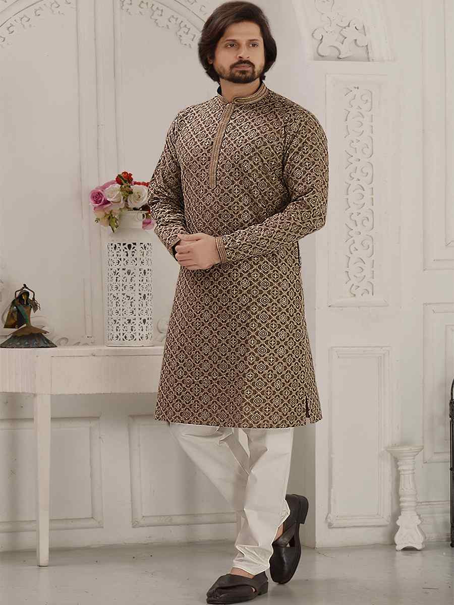 Brown Rayon Embroidered Party Wedding Kurta
