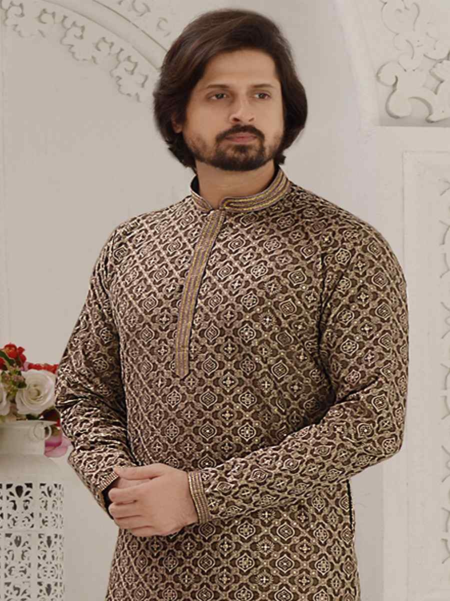 Brown Rayon Embroidered Party Wedding Kurta