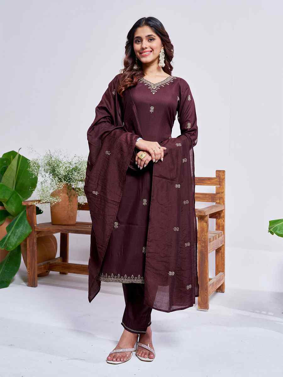 Brown Rayon Embroidered Party Wedding Ready Pant Salwar Kameez