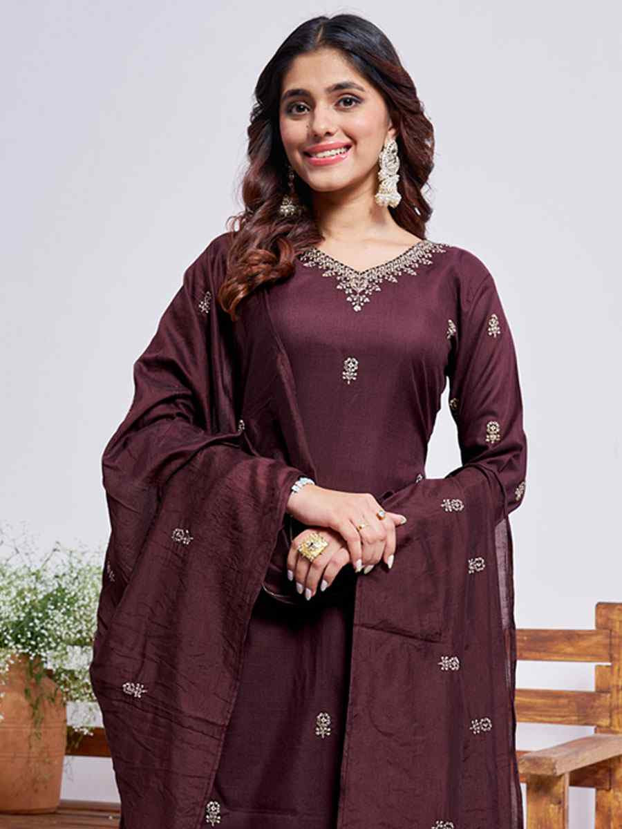 Brown Rayon Embroidered Party Wedding Ready Pant Salwar Kameez