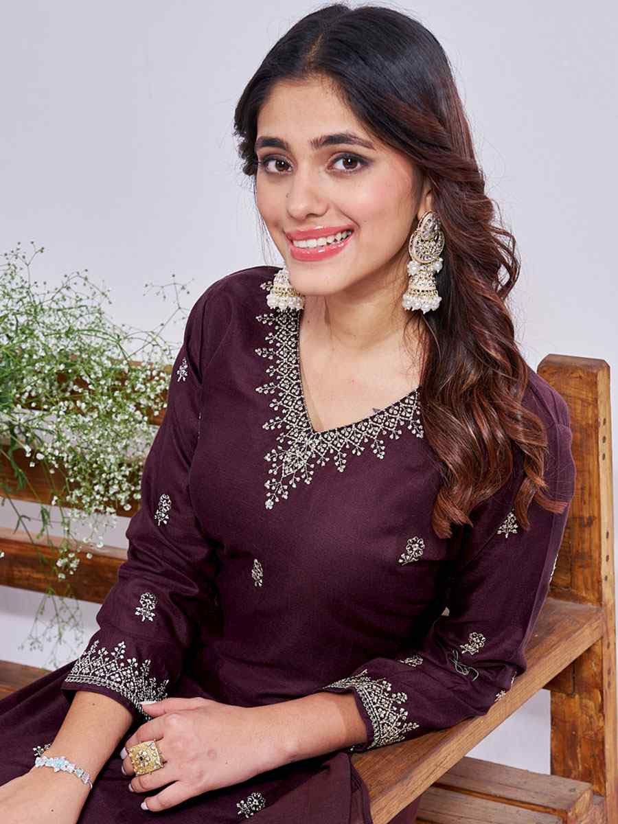 Brown Rayon Embroidered Party Wedding Ready Pant Salwar Kameez