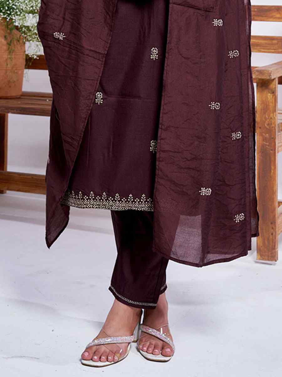 Brown Rayon Embroidered Party Wedding Ready Pant Salwar Kameez