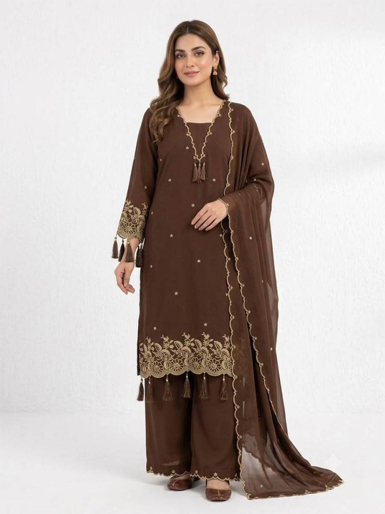 Image of Brown Rayon Embroidery Wedding Party Festival Casual Ready Palazzo Pant Salwar Kameez