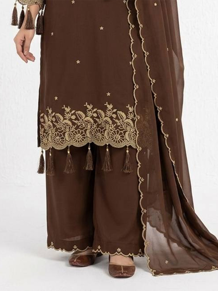 Brown Rayon Embroidery Wedding Party Festival Casual Ready Palazzo Pant Salwar Kameez