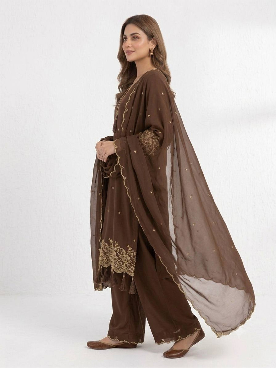 Brown Rayon Embroidery Wedding Party Festival Casual Ready Palazzo Pant Salwar Kameez