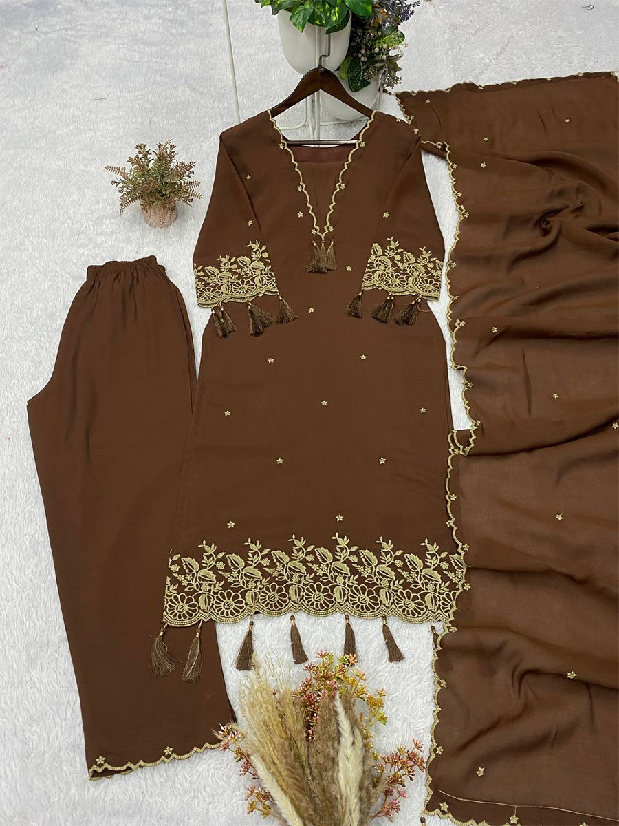 Brown Rayon Embroidery Wedding Party Festival Casual Ready Palazzo Pant Salwar Kameez