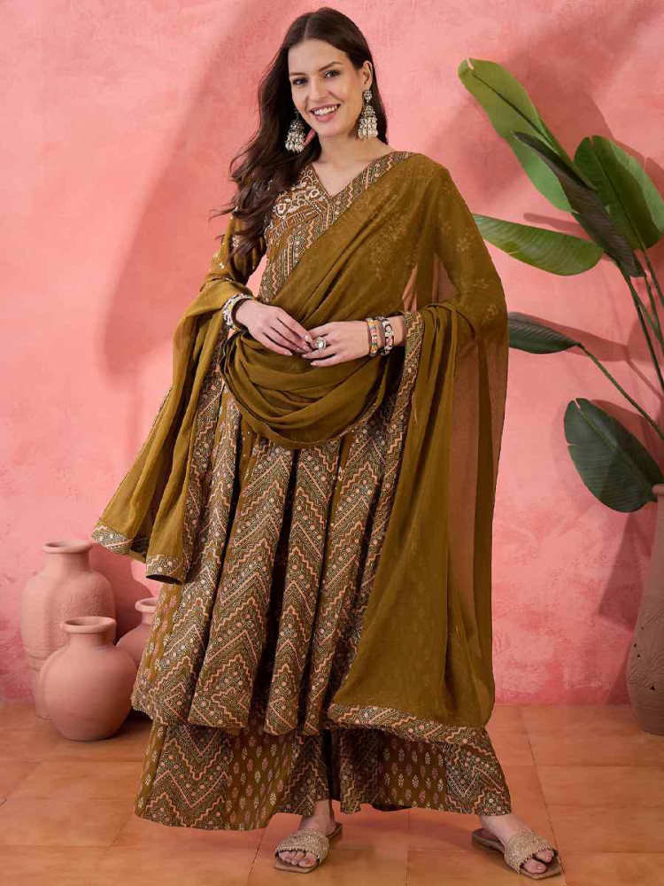 Brown Roman Silk Embroidered Festival Casual Ready Palazzo Pant Salwar Kameez