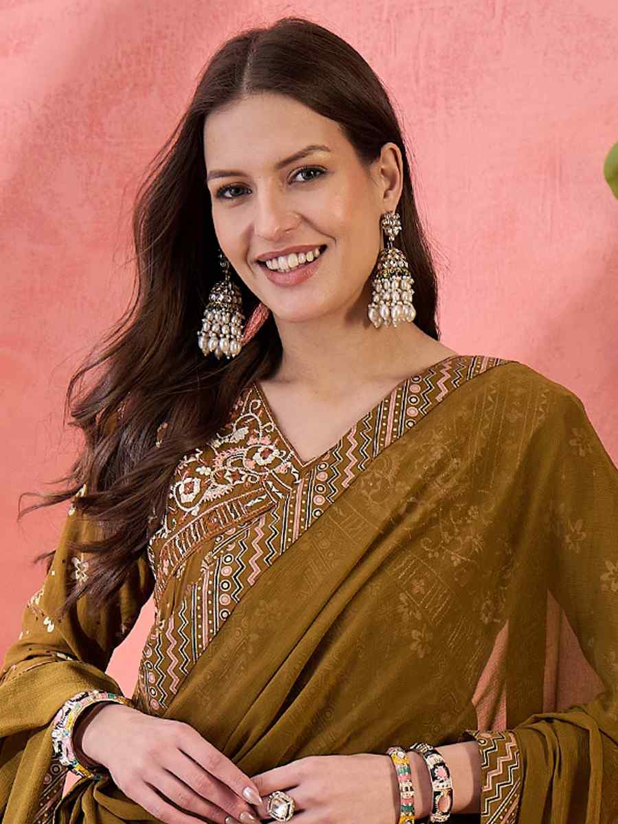 Brown Roman Silk Embroidered Festival Casual Ready Palazzo Pant Salwar Kameez