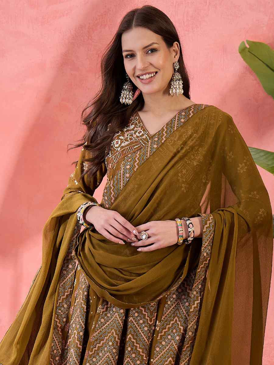 Brown Roman Silk Embroidered Festival Casual Ready Palazzo Pant Salwar Kameez