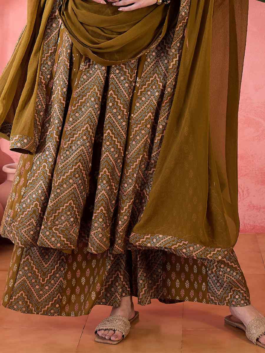Brown Roman Silk Embroidered Festival Casual Ready Palazzo Pant Salwar Kameez
