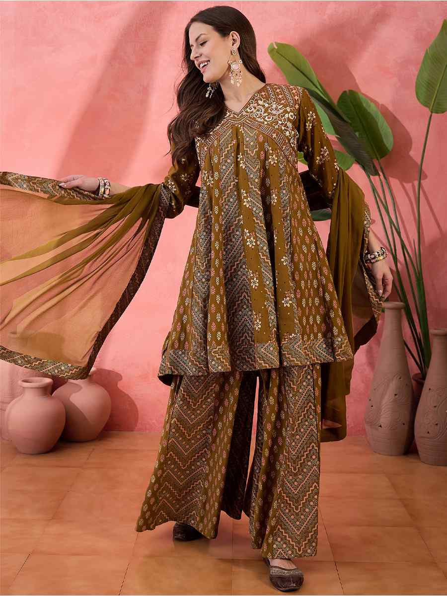 Brown Roman Silk Embroidered Festival Casual Ready Palazzo Pant Salwar Kameez