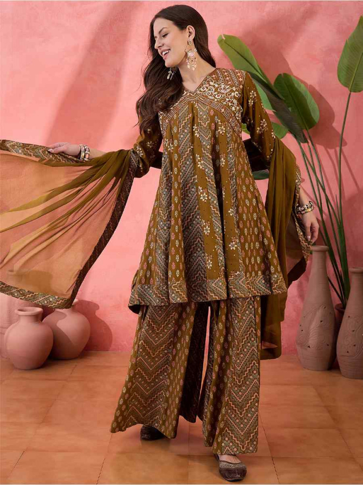 Brown Roman Silk Embroidered Festival Casual Ready Palazzo Pant Salwar Kameez