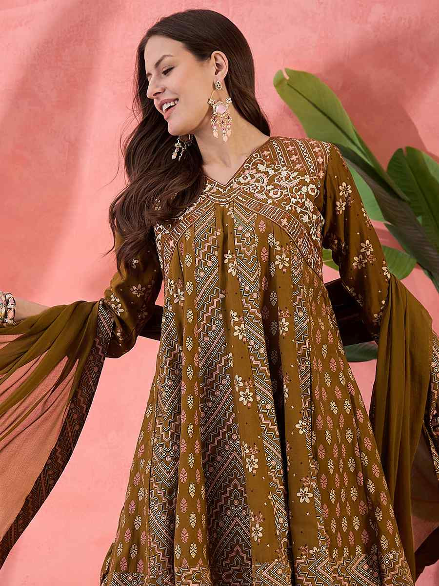 Brown Roman Silk Embroidered Festival Casual Ready Palazzo Pant Salwar Kameez