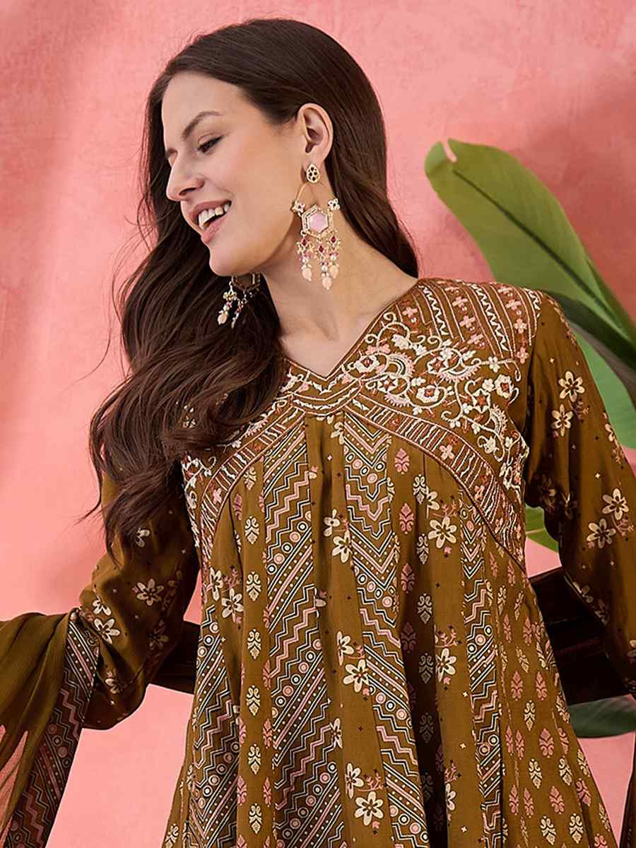 Brown Roman Silk Embroidered Festival Casual Ready Palazzo Pant Salwar Kameez