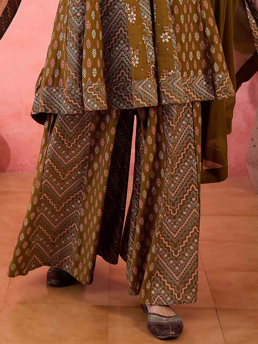 Brown Roman Silk Embroidered Festival Casual Ready Palazzo Pant Salwar Kameez