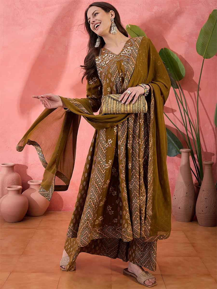 Brown Roman Silk Embroidered Party Wedding Ready A-Line Salwar Kameez