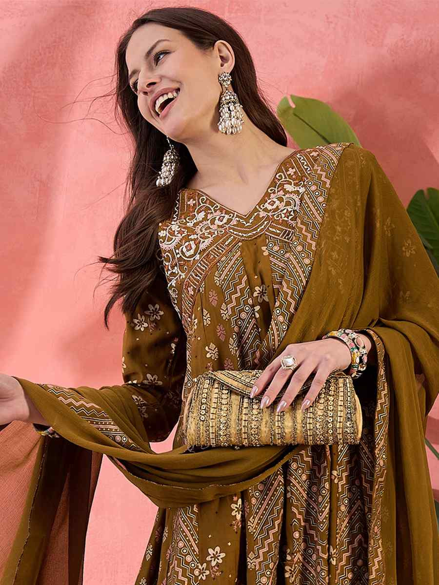 Brown Roman Silk Embroidered Party Wedding Ready A-Line Salwar Kameez