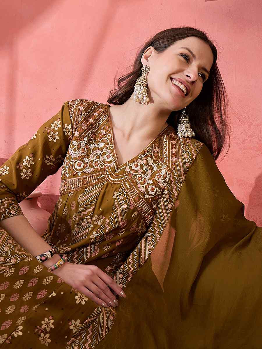Brown Roman Silk Embroidered Party Wedding Ready A-Line Salwar Kameez
