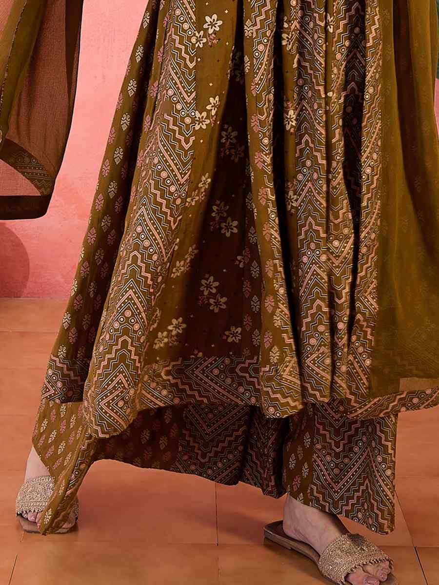 Brown Roman Silk Embroidered Party Wedding Ready A-Line Salwar Kameez