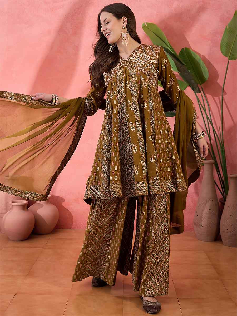 Brown Roman Silk Embroidered Party Wedding Ready A-Line Salwar Kameez