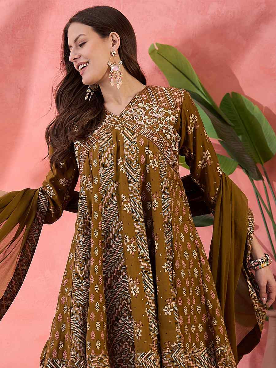 Brown Roman Silk Embroidered Party Wedding Ready A-Line Salwar Kameez