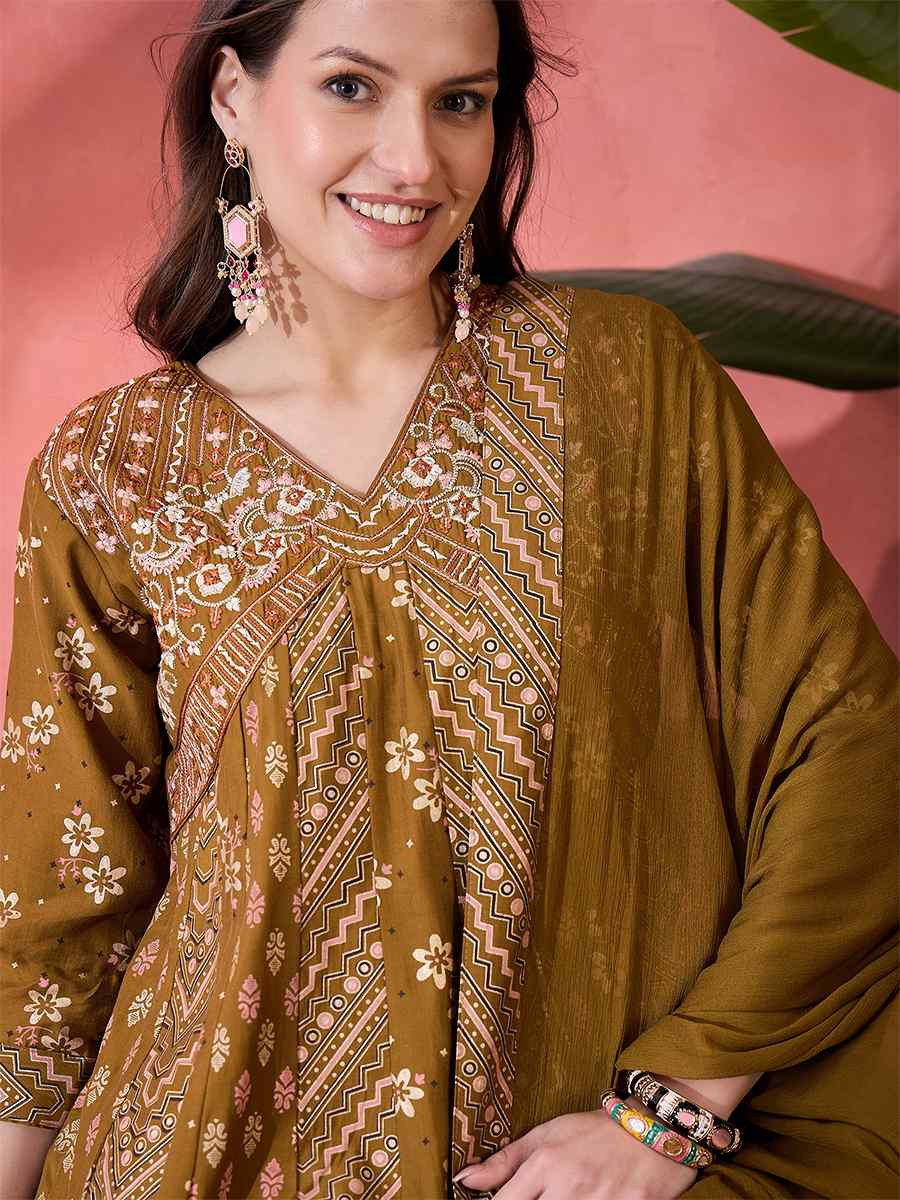 Brown Roman Silk Embroidered Party Wedding Ready A-Line Salwar Kameez
