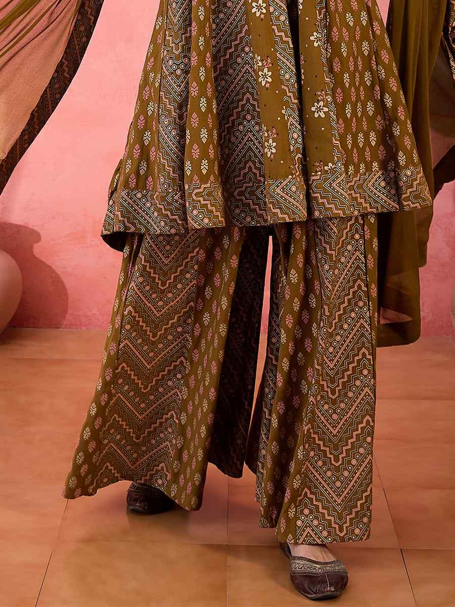 Brown Roman Silk Embroidered Party Wedding Ready A-Line Salwar Kameez