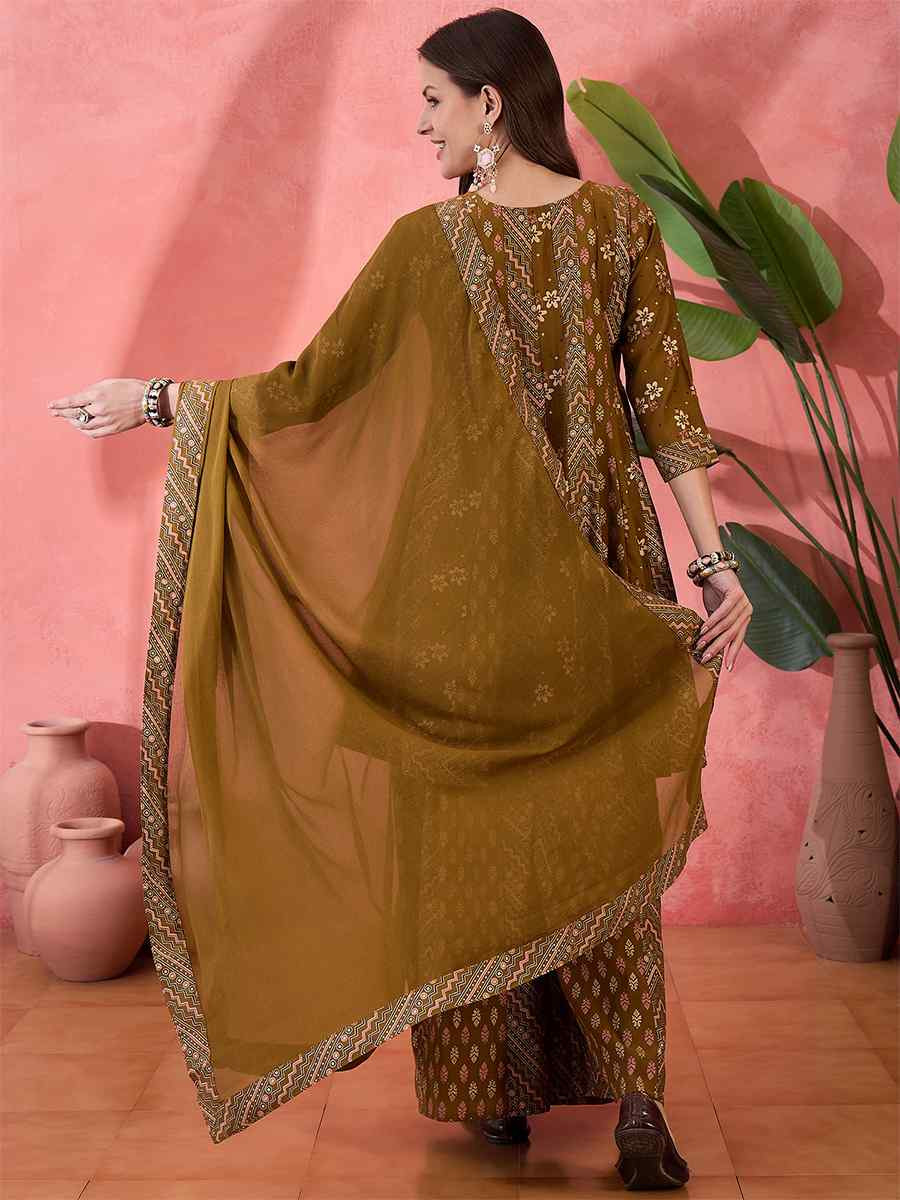Brown Roman Silk Embroidered Party Wedding Ready A-Line Salwar Kameez