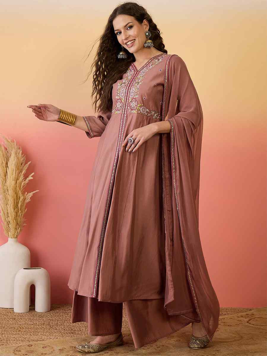 Brown Roman Silk Embroidered Party Wedding Ready Palazzo Pant Salwar Kameez