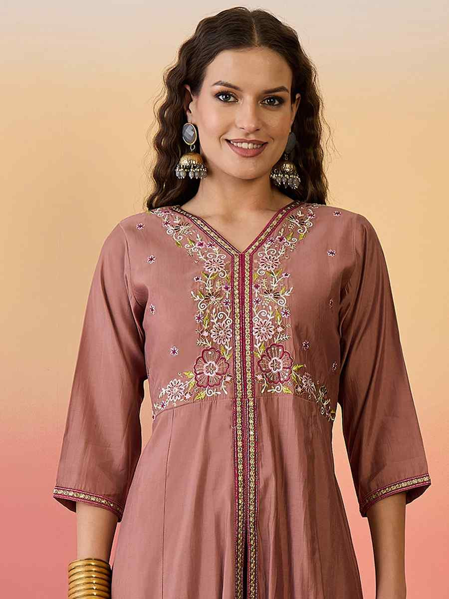 Brown Roman Silk Embroidered Party Wedding Ready Palazzo Pant Salwar Kameez
